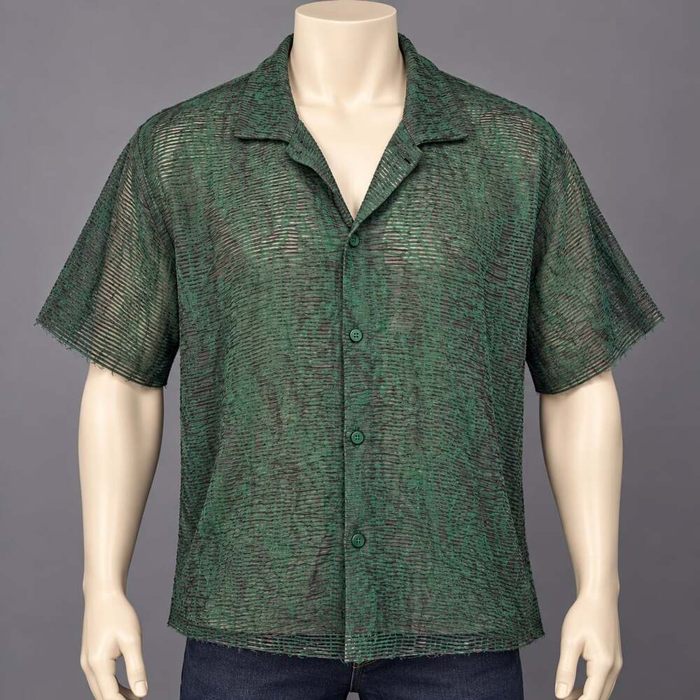 Zara Men’s XL Green Sheer Mesh Shirt Raw Hem Textured Button Up Morocco